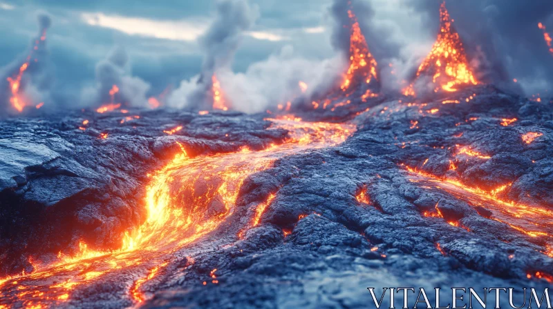 Molten Lava Flow During Volcanic Eruption AI Image