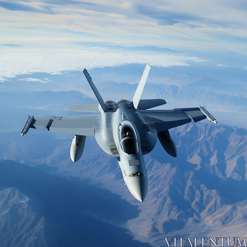 Aerial View of Military Jet Over Mountains AI Image