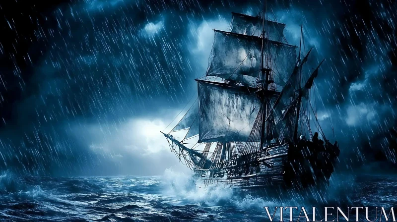 Sailing Ship in Fierce Ocean Storm AI Image