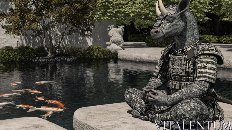 Rhinoceros Samurai's Peaceful Meditation by Tranquil Pond AI Image