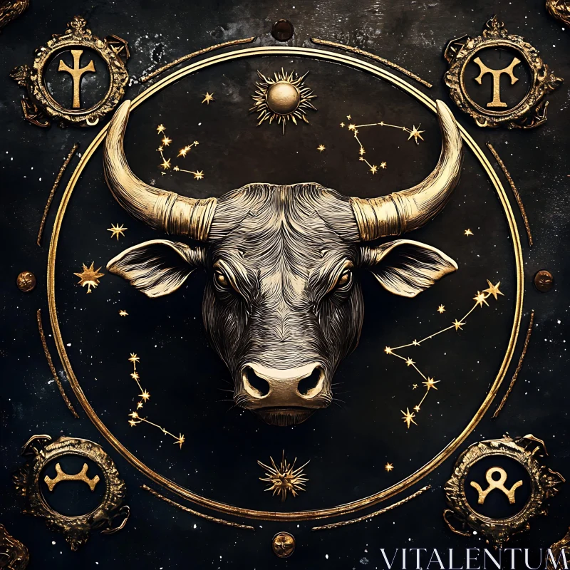 Astrological Bull with Gold Accents and Constellations AI Image