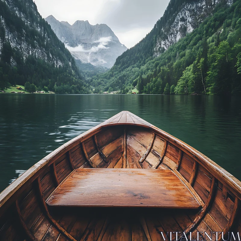 Tranquil Mountain Lake with Wooden Boat AI Image