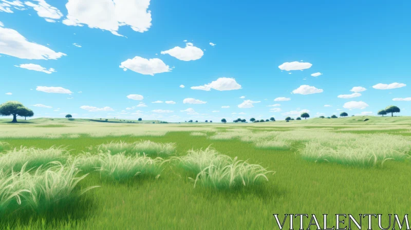 Anime-Style Grassy Landscape under Clear Blue Sky AI Image