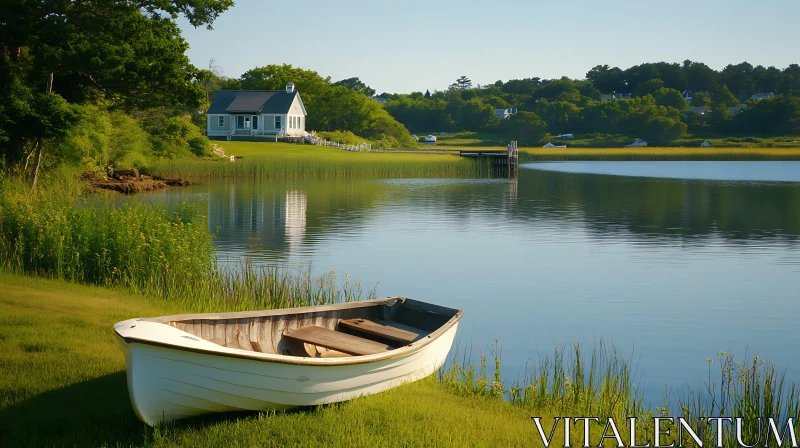 Serene Lake Landscape with Boat and Cottage AI Image