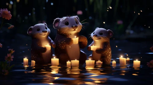 Charming Cartoon Animals in Candlelight - A Delightful Nature Scene