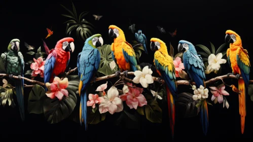 Colorful Parrots and Flowers in Tropical Chiaroscuro Art