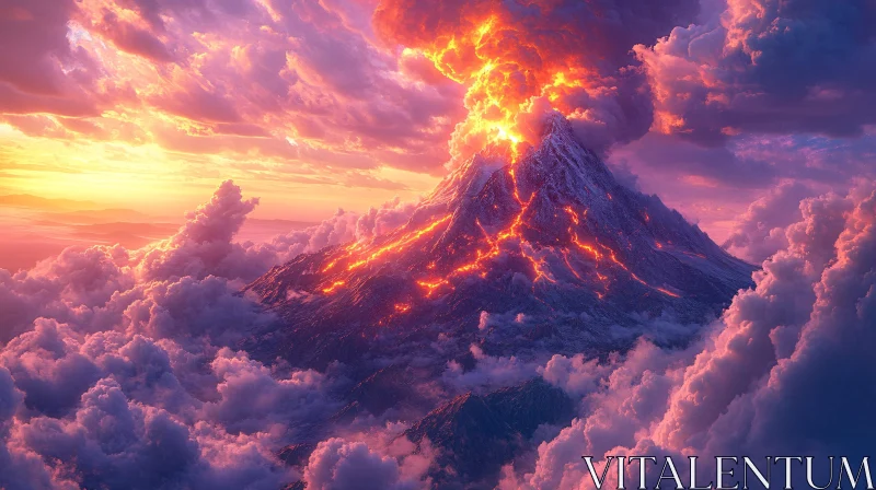 AI ART Fiery Volcano with Flowing Lava and Clouds