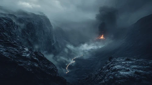 Mountainous Volcano Eruption with Lava Stream