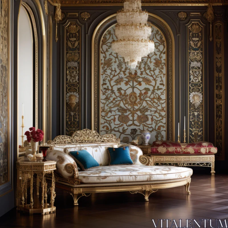 Elegant Room with Golden Accents and Rococo Decadence AI Image