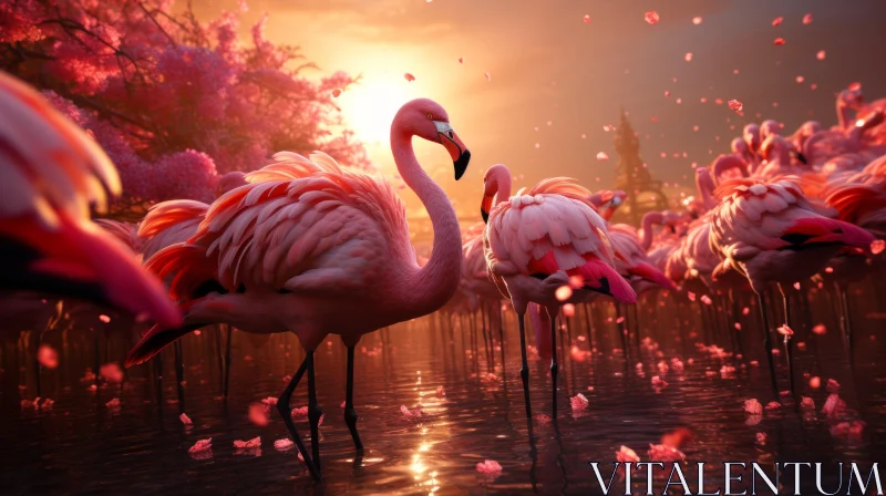 Intricate Flamingo Sunset Scene AI Image