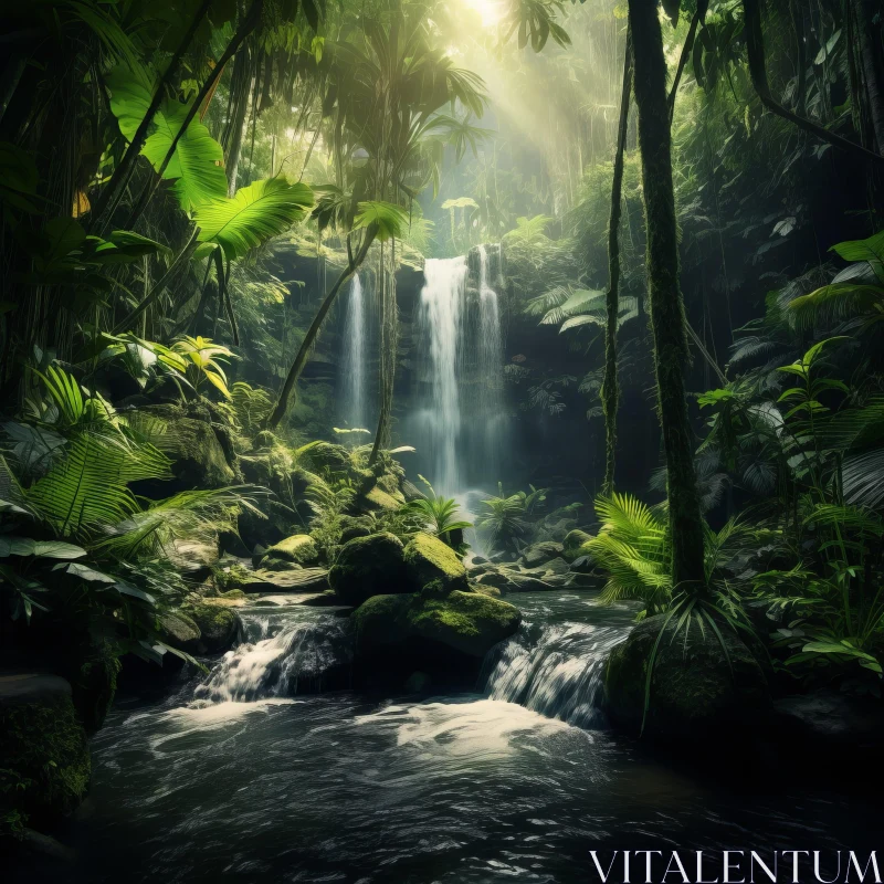 Sunrise Over Tropical Waterfall: A Sanctuary of Lush Nature AI Image