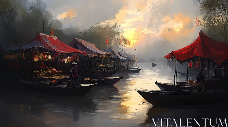 Tranquil Floating Market Scene at Dusk AI Image