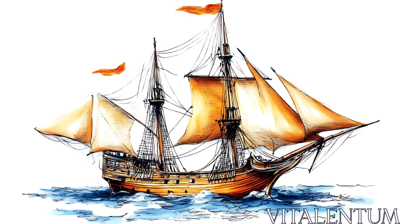 Sailing Ship Illustration Over Ocean Waves AI Image