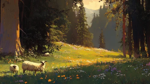 Pastoral Forest Meadow with Sunlit Grazing Sheep and Wildflowers