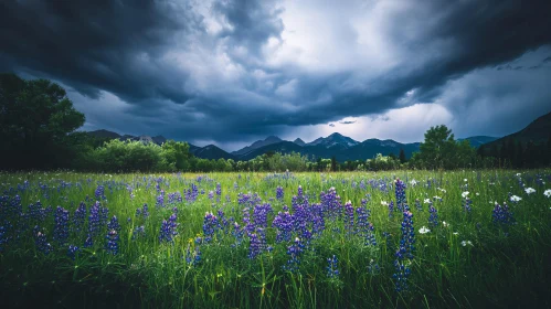 Lush Flower Field with Mountains and Dramatic Clouds