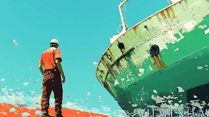 Dock Worker and Rusty Boat AI Image