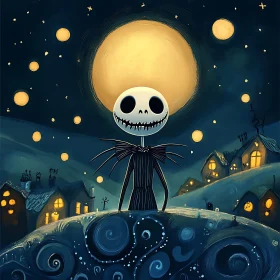 Cartoon Skeleton in a Moonlit Fantasy World