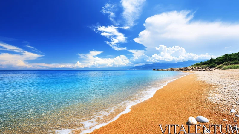 Golden Sandy Beach under Clear Blue Skies AI Image