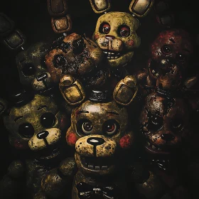 Worn Animatronics Bears in Shadowy Environment