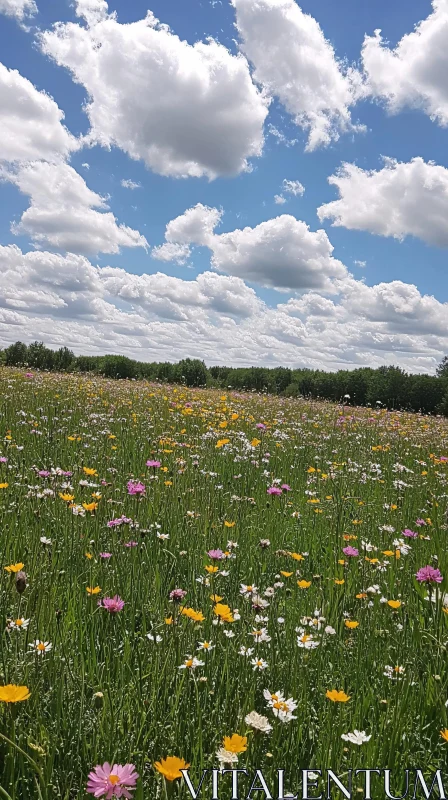 Vibrant Meadow in Bloom Under Blue Sky AI Image