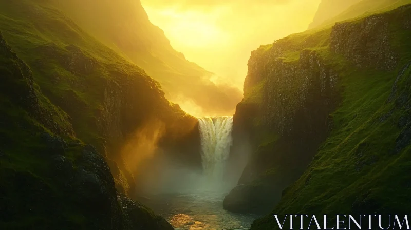 AI ART Sunlit Waterfall in a Serene Green Valley