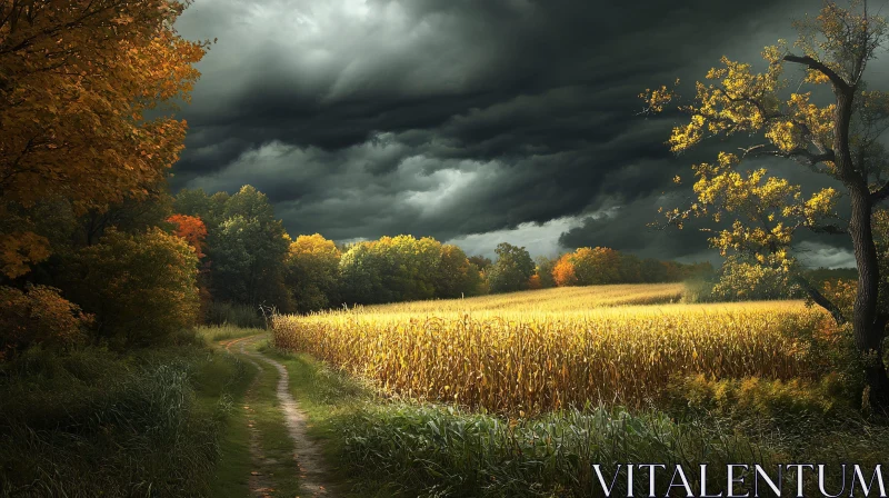 Storm Clouds Over Golden Cornfield and Winding Path AI Image