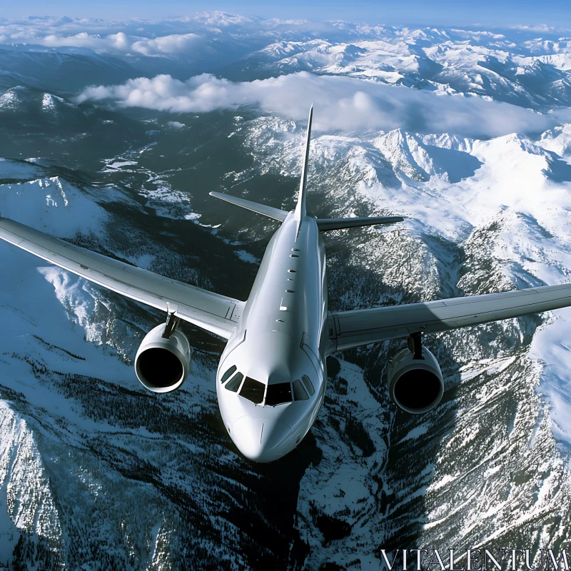 Commercial Airplane Over Snow-Covered Mountains AI Image