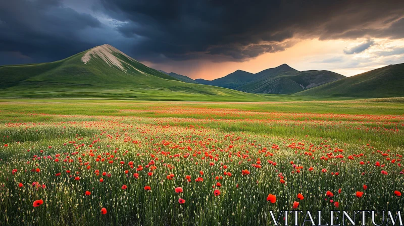 Vibrant Field of Red Flowers with Green Hills in the Background AI Image