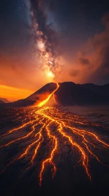 Lava Flowing Down Volcano at Night