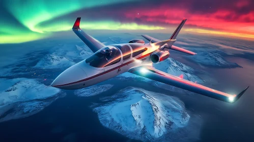 Jet Flight Under Colorful Aurora and Sunset