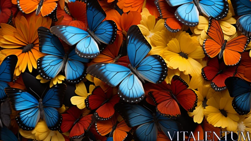 Butterfly Gathering Amidst Flowers: A Study in Color and Composition AI Image
