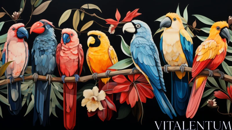 Colorful Parrots on Branch with Florals - Mural Style Artwork AI Image