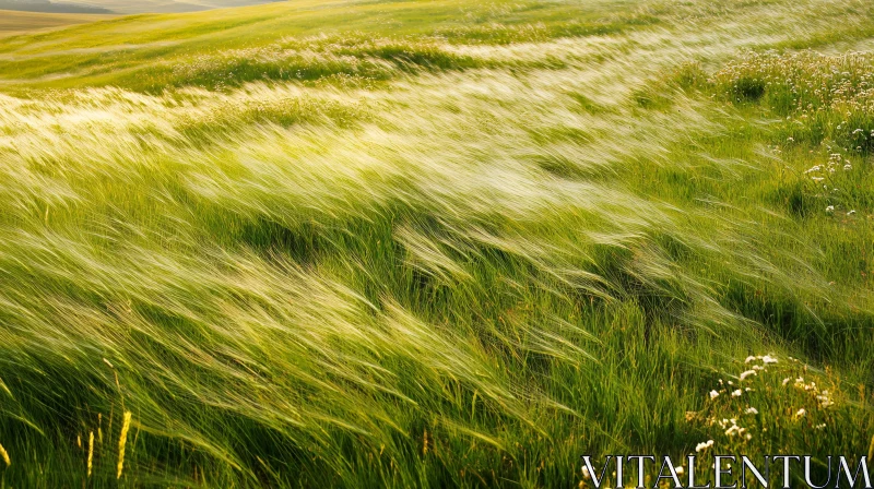 AI ART Green Meadow with Blowing Grass and Flowers