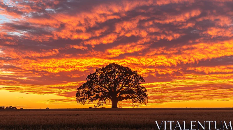 AI ART Tree Silhouette Against Vibrant Sunset Sky