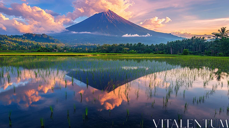 AI ART Mountain and Sunset Reflections in Rice Fields