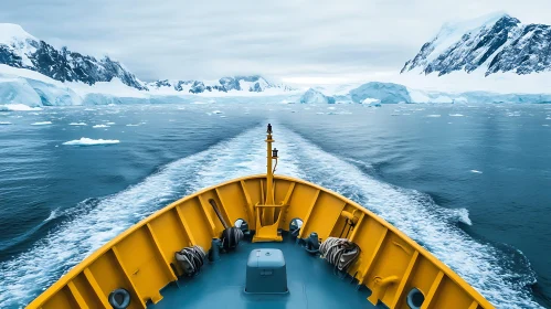 Yellow Ship in Antarctic Ocean