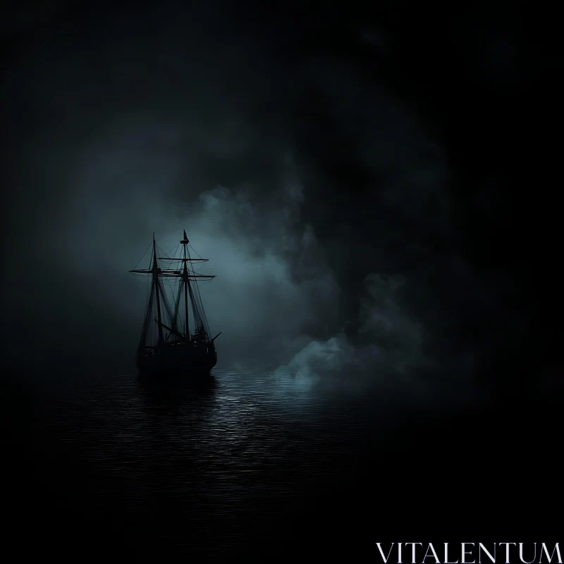 Eerie Silhouette of a Ship in Night Fog AI Image