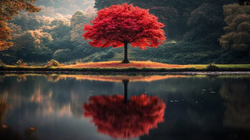 Autumnal Reflection of Red Tree in Tranquil Lake