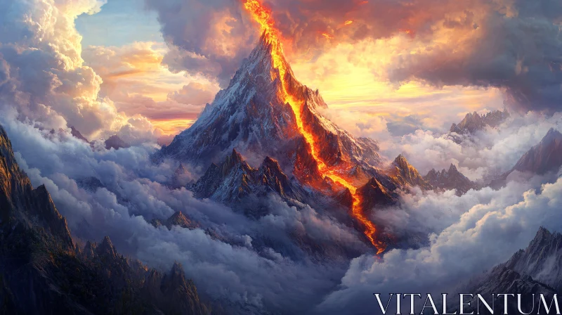 AI ART Molten Lava Flowing from Mountain Peak at Dusk