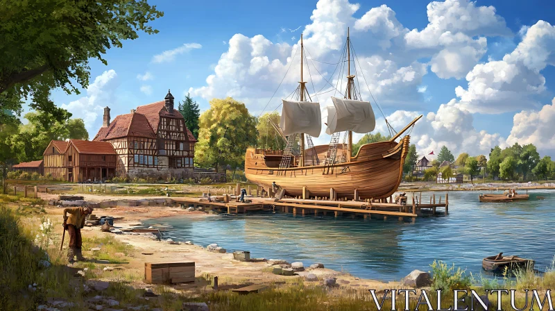 Serene Shipyard in a Medieval Village AI Image