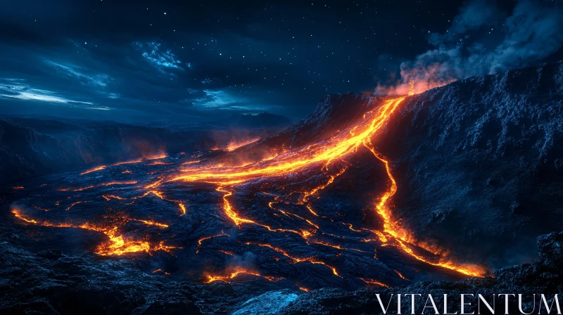 AI ART Night Volcano Erupition with Lava Streams