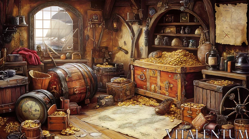 Pirate Gold Hoard in a Rustic Room AI Image