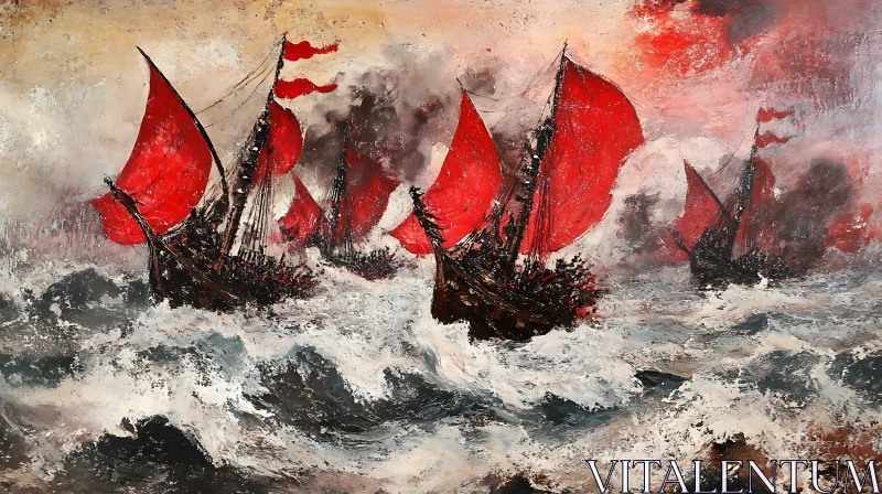 Naval Battle with Red Sails AI Image