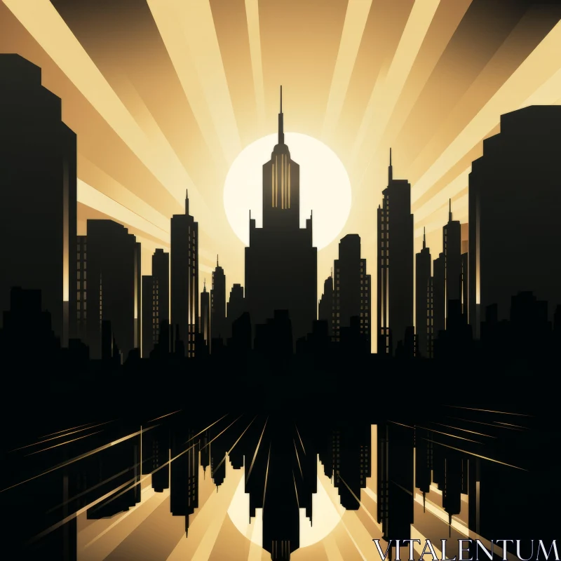 City Silhouette at Sunset: Art Deco Influence in Monochromatic Tones AI Image