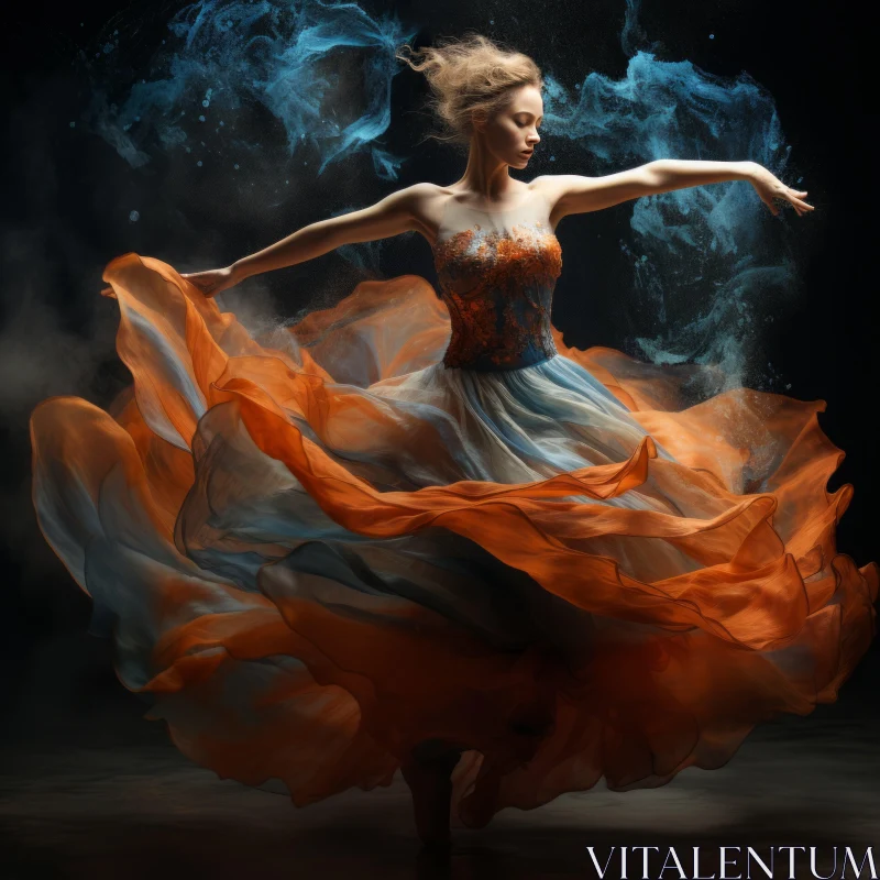 Ethereal Dance in Orange Dress amid Smoke - Timeless Grace and Flowing Forms AI Image