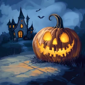 Mysterious Halloween Night with Pumpkin and Haunted House