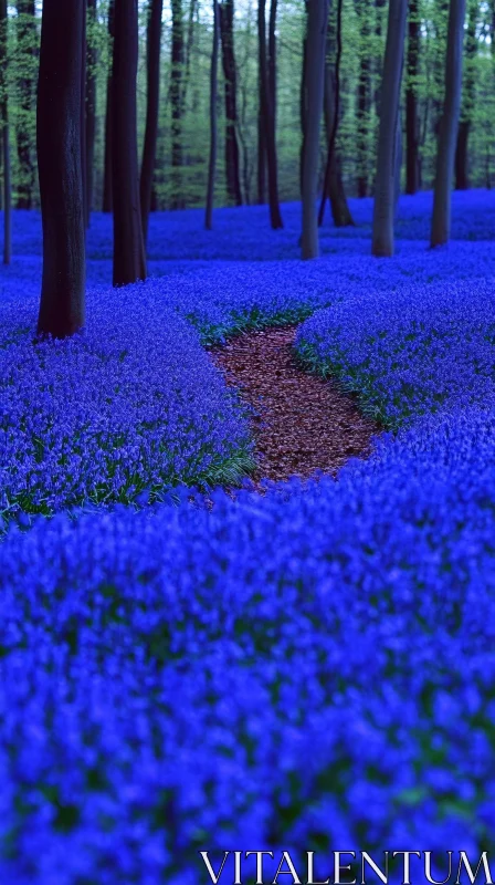 Pathway Through Vibrant Bluebell Covered Forest AI Image