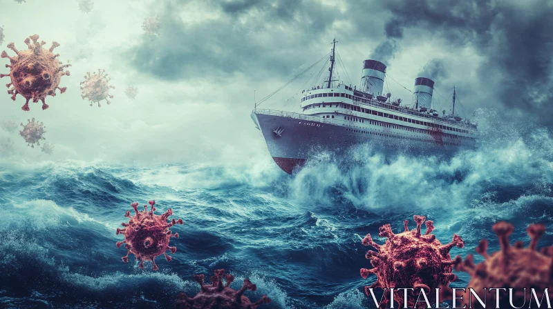 Ship Amidst Giant Viruses in Stormy Seas AI Image