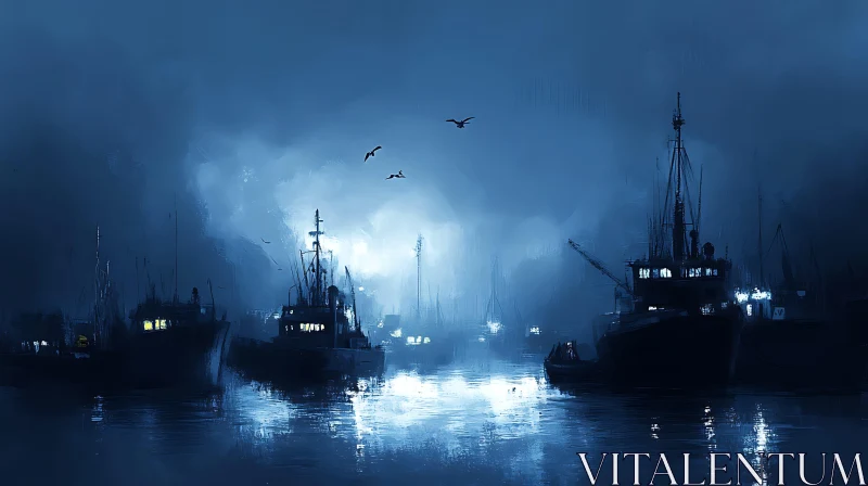 Nighttime Harbour Scene with Boats and Fog AI Image