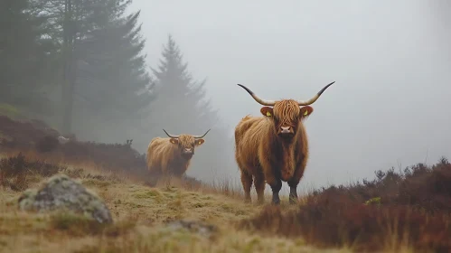 Foggy Scene with Highland Cows